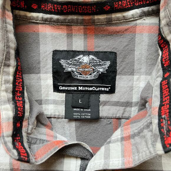 Lightweight Harley Davidson Embroidered Plaid Flannel Shirt Button Gray Orange - Picture 7 of 11